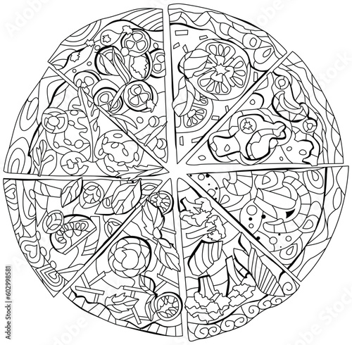 Set of slices of pizza, decorative zentangle vector illustration for coloring
