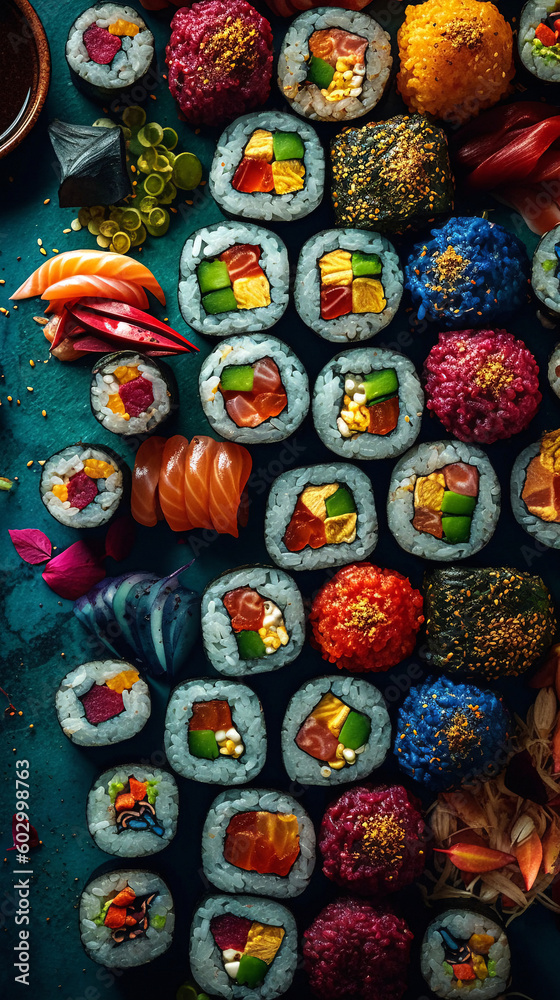 Luxurious set design with sushi, sashimi and Japanese food. Autumn style. Top View. Generative AI