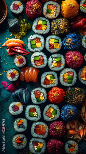 Luxurious set design with sushi, sashimi and Japanese food. Autumn style. Top View. Generative AI © katrina