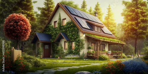 An energy efficient house with garden and background - Generative AI
