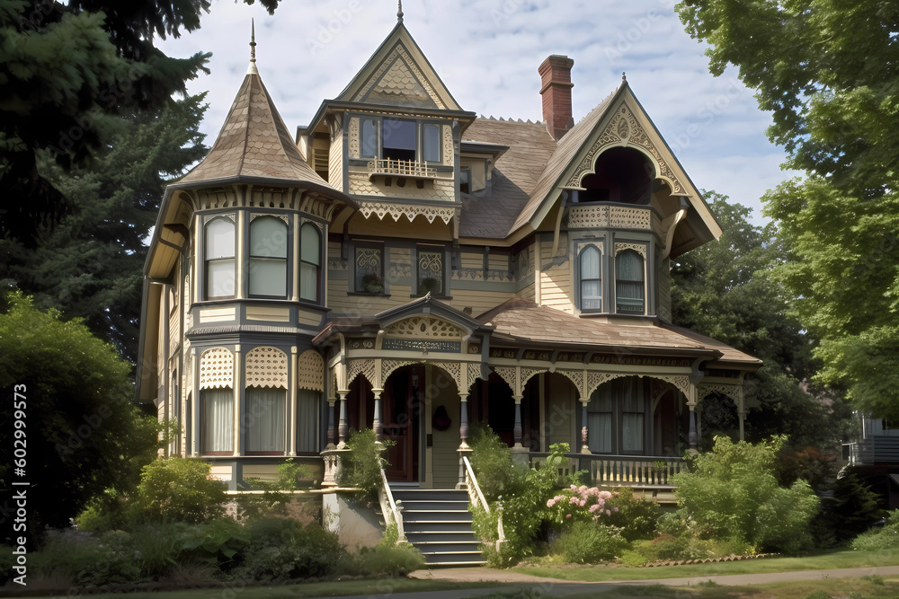 Folk Victorian Style House - Originated in United States in late 19th century characterized by a simple Victorian design with decorative details like gingerbread trim & ornate brackets (Generative AI)