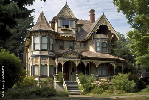Folk Victorian Style House - Originated in United States in late 19th century characterized by a simple Victorian design with decorative details like gingerbread trim   ornate brackets  Generative AI 