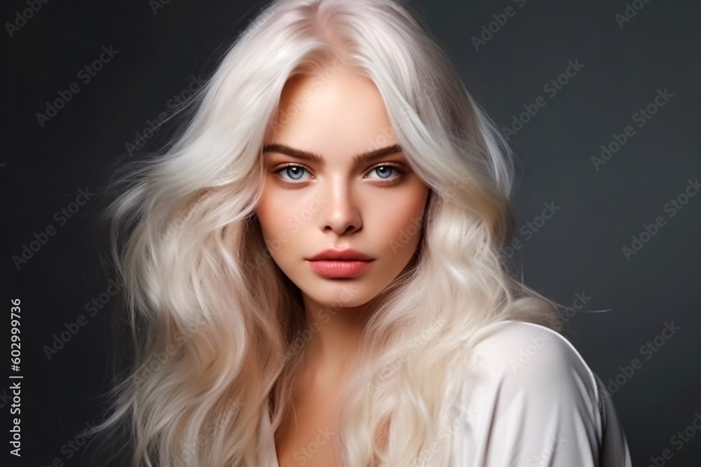 Fototapeta premium Beautiful girl hair coloring in ultra blond. Stylish hairstyle curls done in a beauty salon. Generative Ai.
