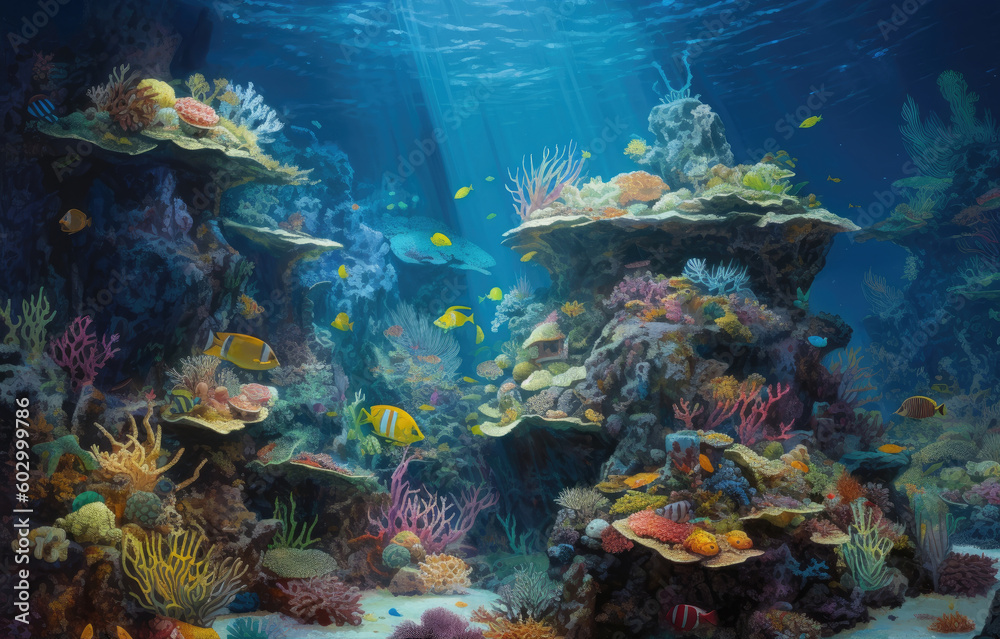 Fototapeta premium Coral reef with fish and coral. Generative AI.