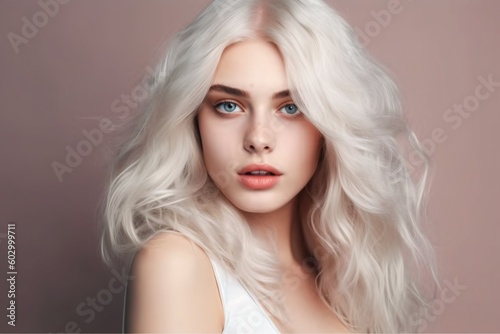 Beautiful girl hair coloring in ultra blond. Stylish hairstyle curls done in a beauty salon. Generative Ai.