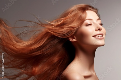 Beautiful Hair swinging head from side to side, Young beautiful woman with long perfect healthy shiny hair. Generative ai