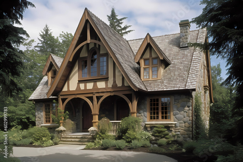 Carpenter Gothic Style House - Originated in United States in the mid-19th century, characterized by a steep pitched roof with gables, decorative trusses, and ornate details (Generative AI)