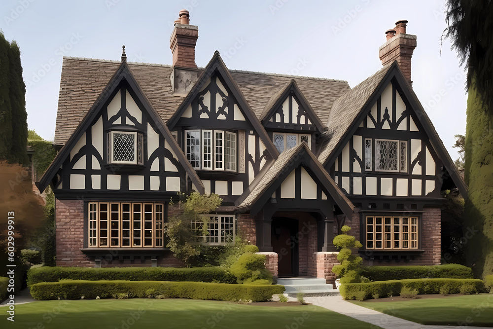 Tudor Style House - Originated in England in the 16th century, characterized by half-timbering, steeply pitched roofs, and decorative chimneys (Generative AI)