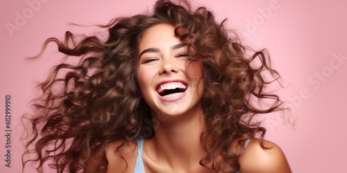Beautiful laughing brunette model girl with long curly hair . Smiling woman hairstyle wavy curls . Generative Ai.