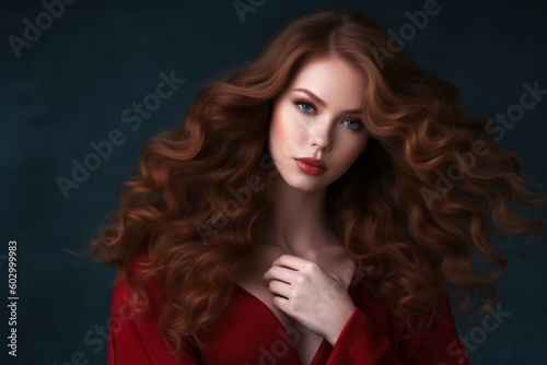 Beautiful woman with long and shiny wavy hair . Beauty model girl with curly hairstyle and red manicure nails. Generative ai.