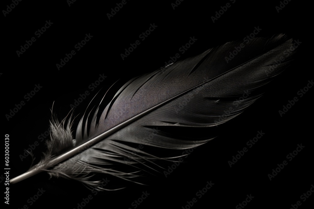 Black feather isolated on black background. Generative AI. Black feather isolated on black background. Generative AI.