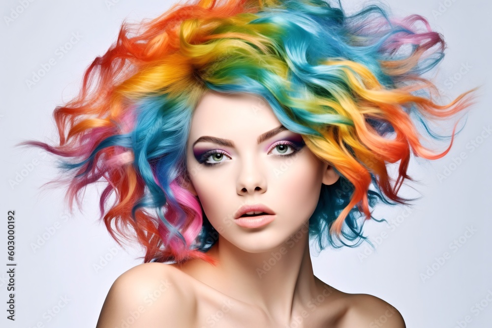 Fototapeta premium Beautiful woman with multi-colored rainbow hair and creative make up and hairstyle. Beauty face. Generative Ai.