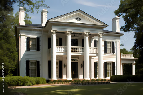 Greek Revival Style House - Originated in the late 18th and early 19th century in the United States, characterized by a symmetrical design with columns, pediments, and a front porch (Generative AI) © Russell