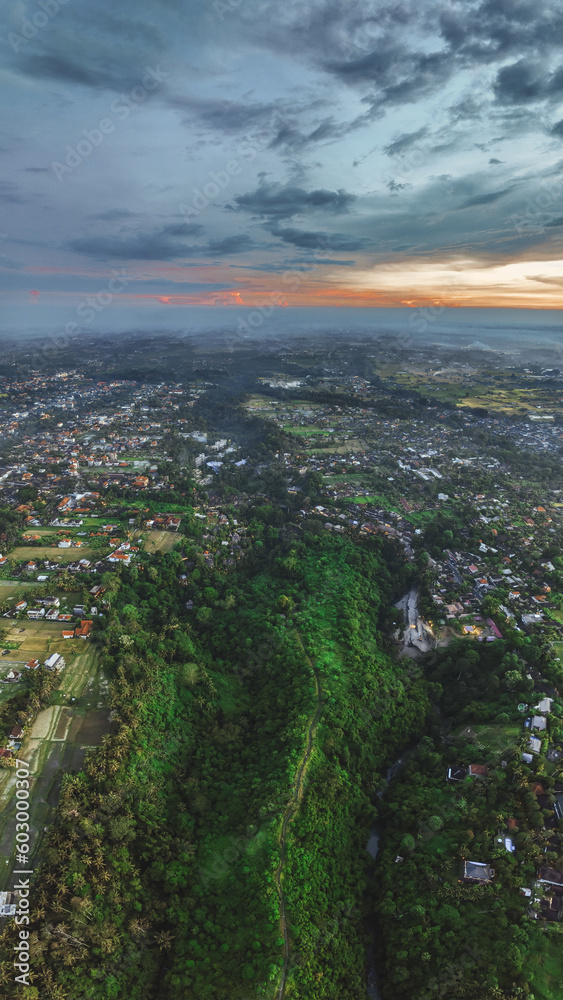 Drone view of Bali. Sunset view above Ubud. Campuhan Ridge Walk