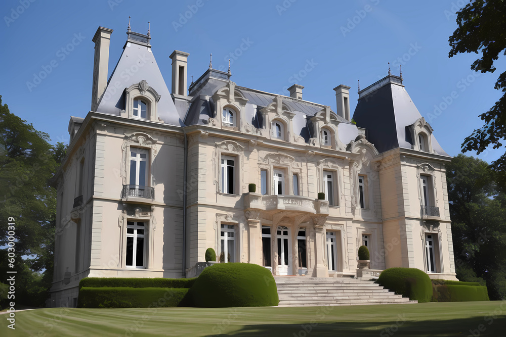 Chateau Style House - Originated in France in the 16th century, characterized by a castle-like design with turrets, towers, and a steep-pitched roof (Generative AI)