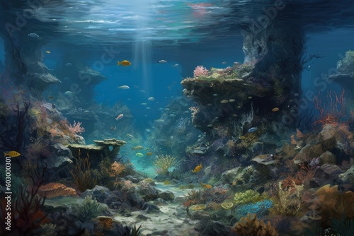 Coral reef with fish and coral. Generative AI.