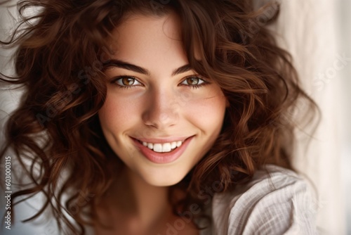 Beautiful brown haired with stylish short hairstyle. Woman with a curly hair. Beautiful young woman with freckles. Generative ai.