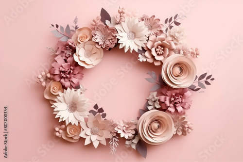 Flowers made of paper on a pink background with copy space. Floral frame layout with text space. Romantic feminine composition. generative AI