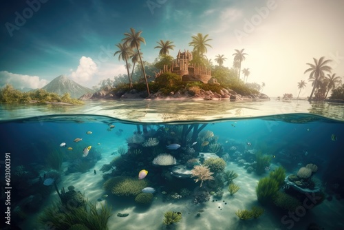 Underwater of tropical paradise island. Generative AI. © hugo