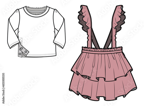 Girls pinaform Dungarees dress with t-shirt Fashion Illustration, Vector, CAD, Technical Drawing, Flat Drawing, Template, Mockup.