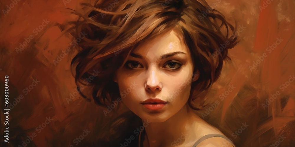Portrait of a beautiful brown-haired woman with a short haircut on a brown background. Generative ai.
