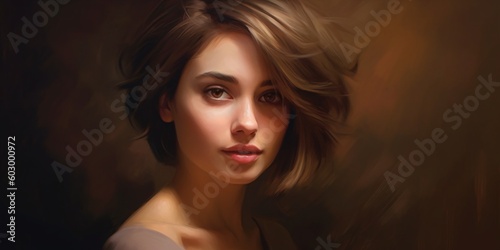 Portrait of a beautiful brown-haired woman with a short haircut on a brown background. Generative ai.