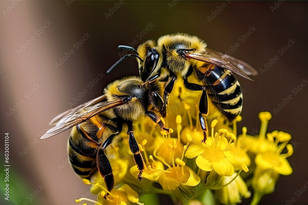 Up close with Eucera bees collecting pollen - Generative AI Up close with Eucera bees collecting pollen - Generative AI