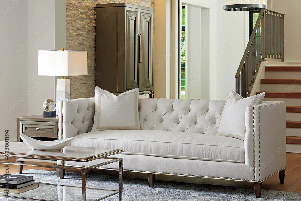 Luxury villa interior with big white sofa and low design table with glass surface, 3d rendering