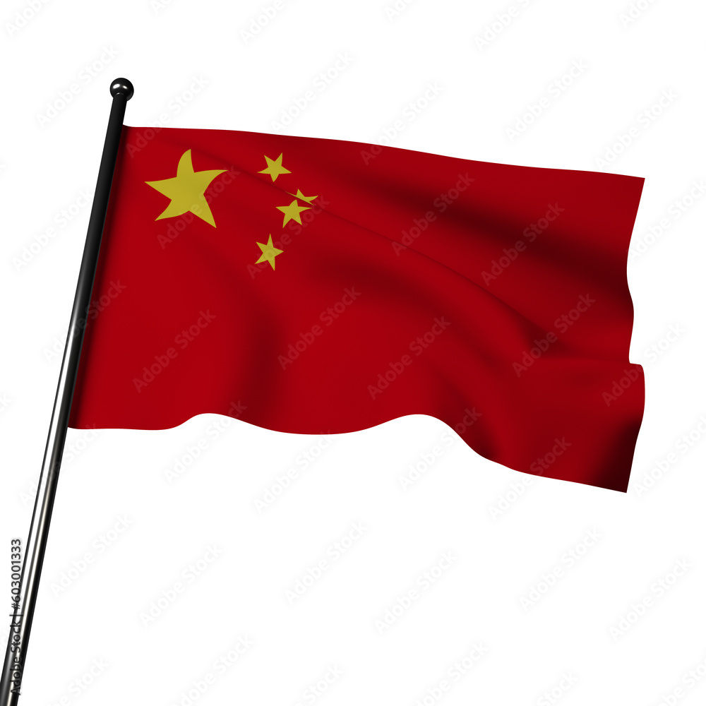 China flag waving on gray background. Red with five golden stars in top left corner, arranged in five-pointed pattern. Symbolizes revolution, communist party, and unity of Chinese people. China flag waving on gray background. Red with five golden stars in top left corner, arranged in five-pointed pattern. Symbolizes revolution, communist party, and unity of Chinese people.