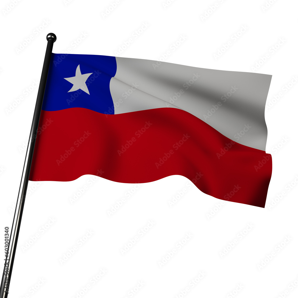 Chile flag waving on gray background. White and red horizontal bands, blue square in canton with