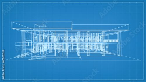 3D perspective render of wireframe architectural construction. 3D building wireframe. Vector illustration.