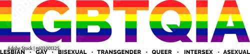 LGBTQIA Text Banner. LGBTQIA Typography with LGBT Pride Flag Colours. Lesbian Gay Bisexual Transgender Queer Intersex Asexual