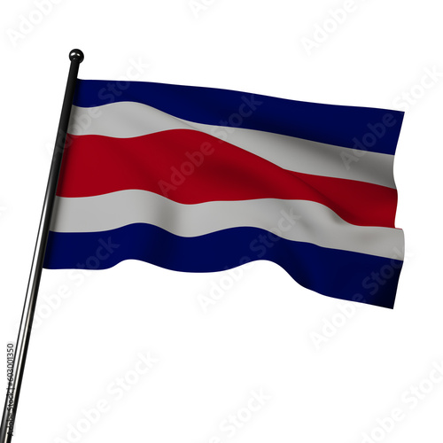 A waving Costa Rica flag on gray, represented in a 3D rendering. The flag features five stripes of blue, white, and red, symbolizing sky, peace, blood, purity, and sea. 