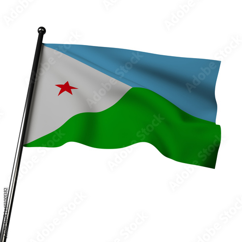 Djibouti flag waves in 3D against a gray background. Blue and green stripes with a white star symbolize sky, sea, land, hope, and unity.
