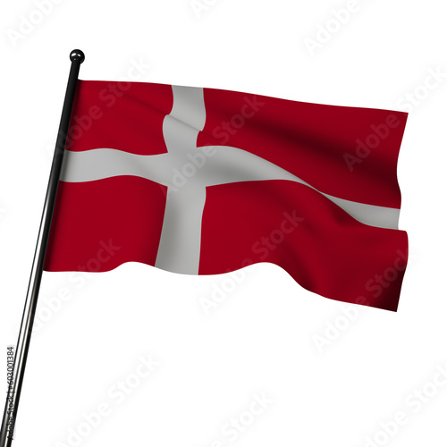 The Denmark flag 3D rendering on gray features a red field with a white Scandinavian cross. The colors symbolize courage, strength, and the Christian faith