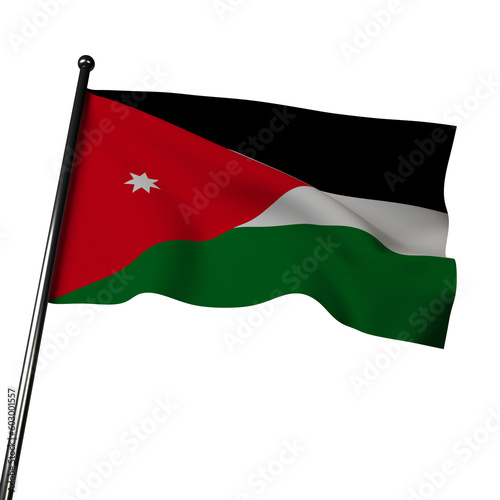 3D Jordan flag waving on a grey background. The tricolor design, black, white and green, represents the Abbasid, Umayyad, and Fatimid caliphates respectively.  photo