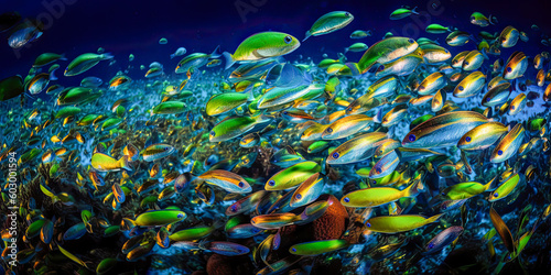 In the tropical island's clear waters, there are thousands of small, colorful fish darting around - Generative AI