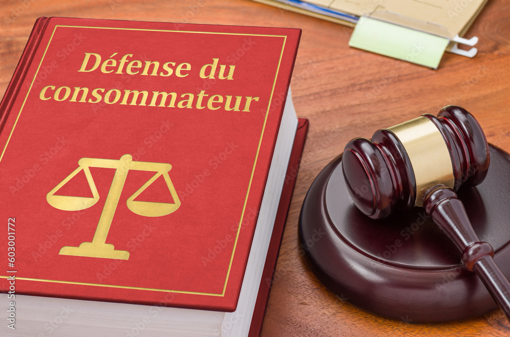 A law book with a gavel - Consumer Protection in french - Défense du consommateur - obrazy, fototapety, plakaty 