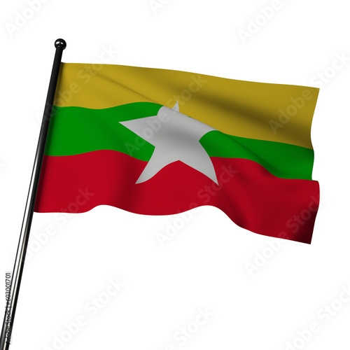 3D Myanmar flag waves against a gray background. Its yellow signifies solidarity, green represents peace and tranquility, and the white star symbolizes the union and hope for the nation.