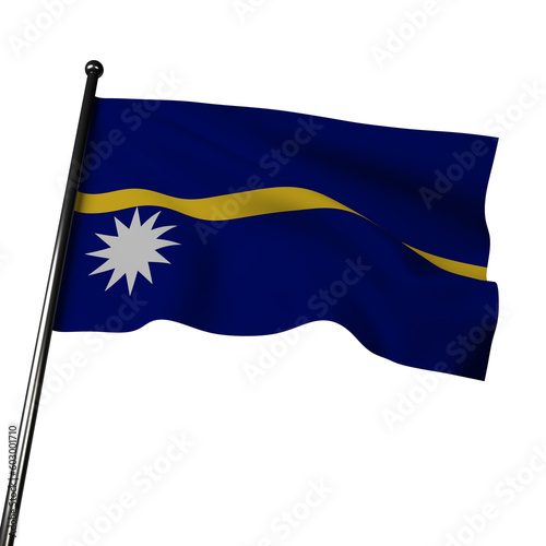 Nauru flag, a 3D illustration, waves on a gray background. Its blue represents the Pacific Ocean, the white star symbolizes the country's location, and the yellow stripe indicates the equator.