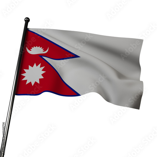 The flag of Nepal, a 3D illustration, waves on a gray background. Its crimson color represents courage, the blue border symbolizes peace, and the crescent moon signifies royalty.