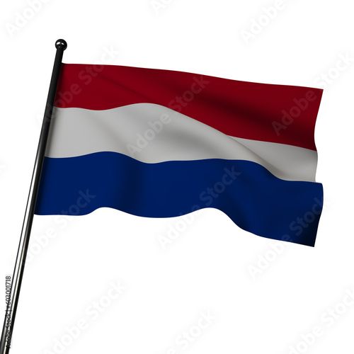 3D rendering of the Dutch flag waves on a gray background. It features three horizontal bands of red, white, and blue. 
