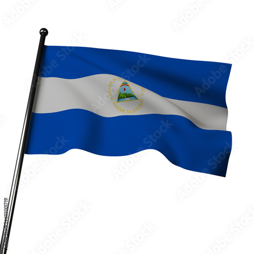 3D Nicaragua flag waving on grey. Composed of three horizontal bands of blue, white and blue, with the coat of arms in the center. 