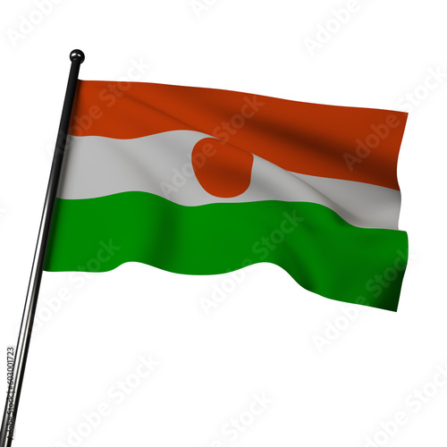 3D rendering of the flag of Niger waving on grey. It has three horizontal stripes: orange (desert), white (River Niger) and green (hope). The orange circle at the center representing the sun.
