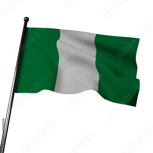 The Nigerian flag flutters against a neutral gray background in this 3D illustration. With vertical stripes of green, white, green