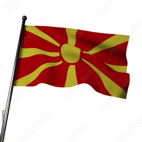  A 3D illustration of the North Macedonia flag waving on a gray background. The flag features a red field with a yellow sunburst in the upper hoist-side corner. 