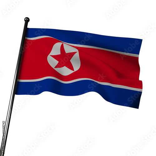 The 3D flag of North Korea is waving on a gray background, with a red field adorned with a blue stripe bordered in white and a red star. 