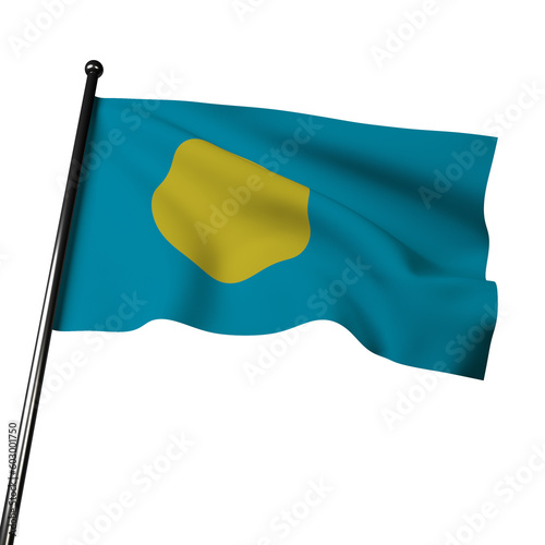 Palau flag, blue with yellow circle and golden rays. Represents moon, nature, peace. 3D illustration on gray background.