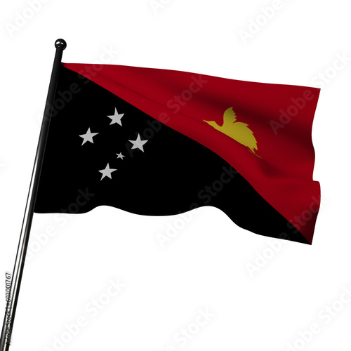 Papua New Guinea flag waving. 3D rendering on gray background. Features red, black, and yellow colors. Red represents courage, black symbolizes the people, and yellow signifies the country's wealth.