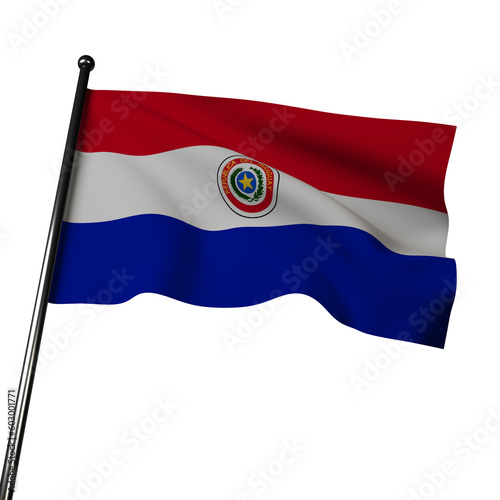 The Paraguay flag flies proudly in 3D, featuring three horizontal stripes of red, white, and blue. In the center, the national emblem showcases a yellow five-pointed star surrounded by a green wreath.